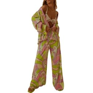 Floral Printed Button Down Shirt & High Waist Pants Outfits Summer